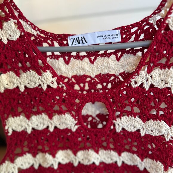 Zara medium size, trendy, stylish, sleeveless red and cream crochet sweater - Picture 7 of 7
